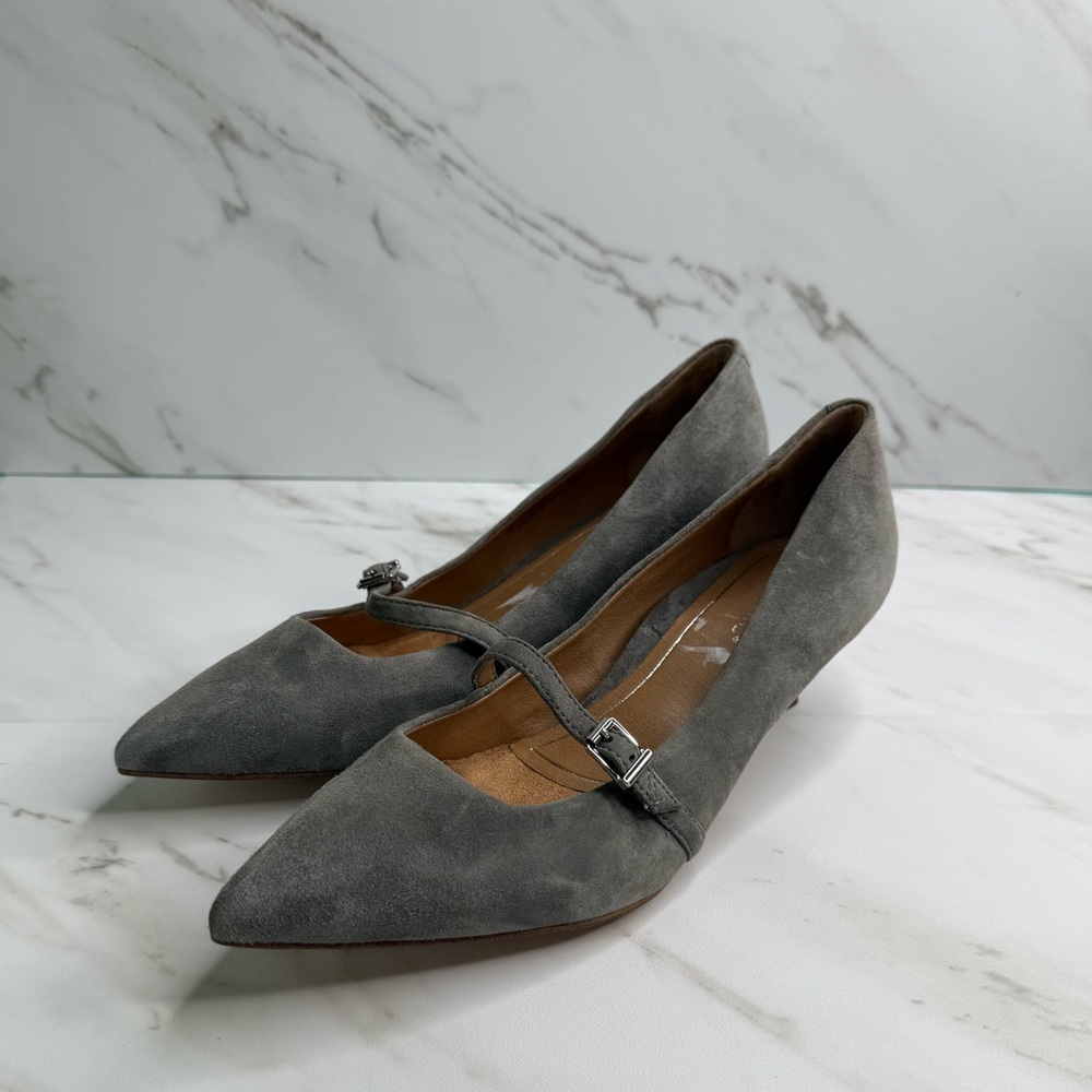 Vionic Minnie Kitten Heel Gray Suede Pointed Toe Mary Jane Pumps Office Comfort